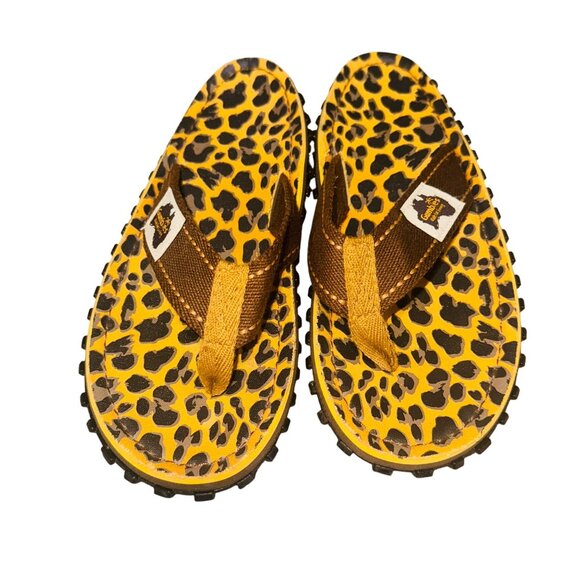 Gumbies Womens Cushioned Thong Flip Flops Leopard Print 7 Brown & Yellow Beach - Picture 1 of 11